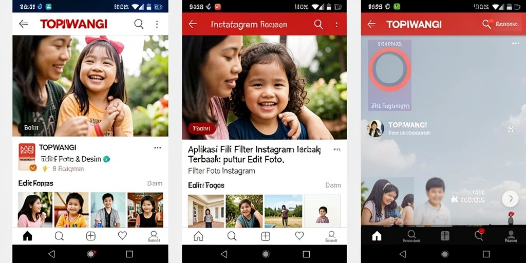 Antarmuka aplikasi TOPIWANGI dengan berbagai pilihan filter Instagram.
